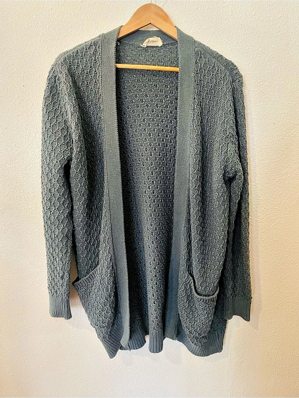 pact Open Front Waffle Knit Cardigan Organic Cotton Blue Gray Extra Small